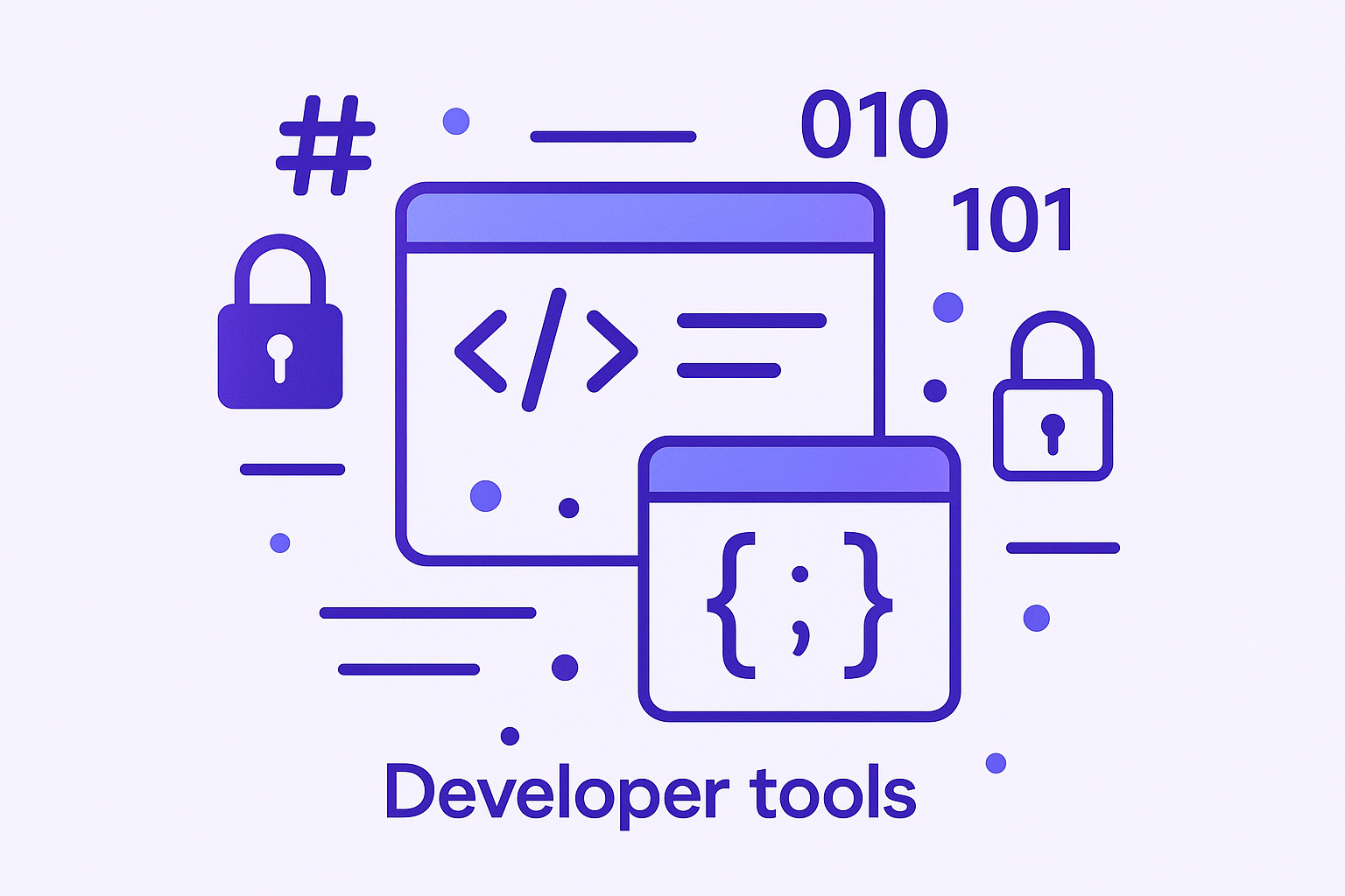 Developer tools illustration with code snippets, hash symbols, and programming elements