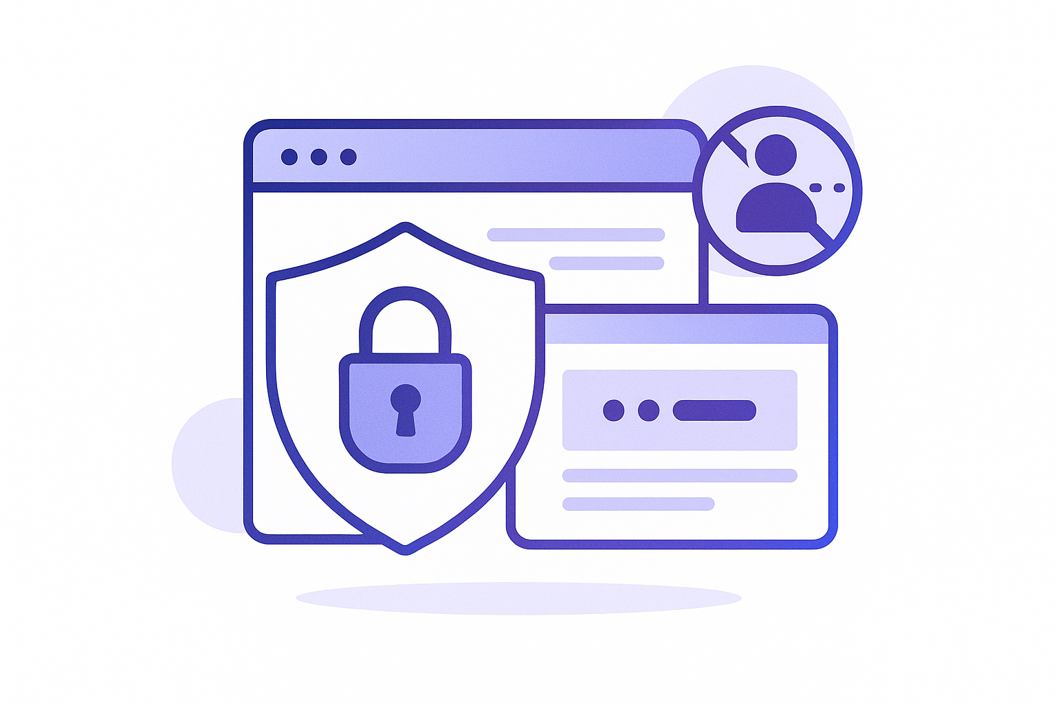 Privacy and security illustration showing protected browser with shield and lock icons