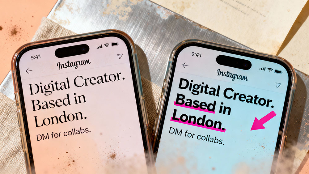 Smartphone screen showing an Instagram profile comparison: one with standard text and one with bold keywords in the bio, highlighting the visual difference