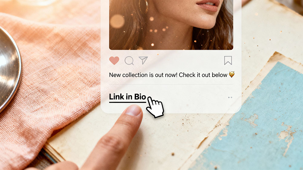 A mobile phone displaying an Instagram caption where the header 'Link in Bio' is underlined, demonstrating how it draws attention compared to plain text