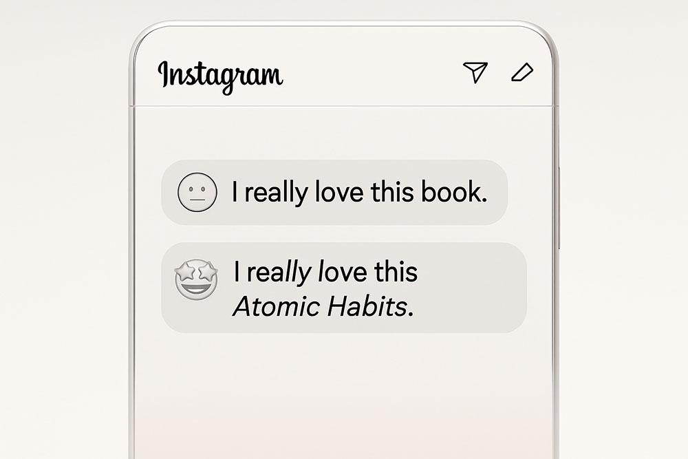 Social media post mockup showing a side-by-side comparison of a flat caption versus one using italics for emphasis and book titles, demonstrating improved readability