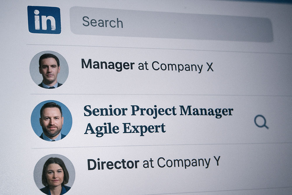 A LinkedIn profile search result page showing one profile with a styled Unicode headline standing out against several standard plain text profiles