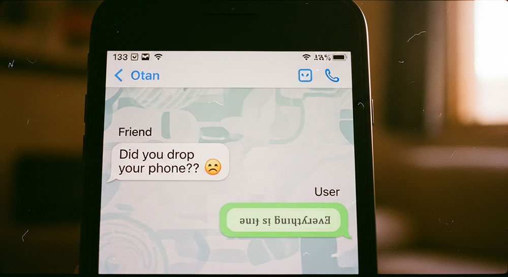 Screenshot of a chat conversation where one user sends a normal message and the other responds with upside down text, creating a humorous confusion